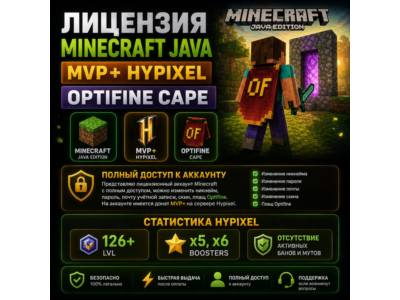 Лицензия Minercaft Java, MVP+ Hypixel, OptiFine Cape