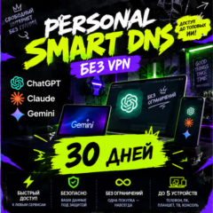 Персональный Smart DNS | 30 дней | 5 устройств | Gemini Xbox Claude GPT