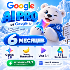Мгновенно | GOOGLE AI PRO на 6 месяцев | Gemini 4, Veo 3.1, Nano Banana Pro, 5 ТБ