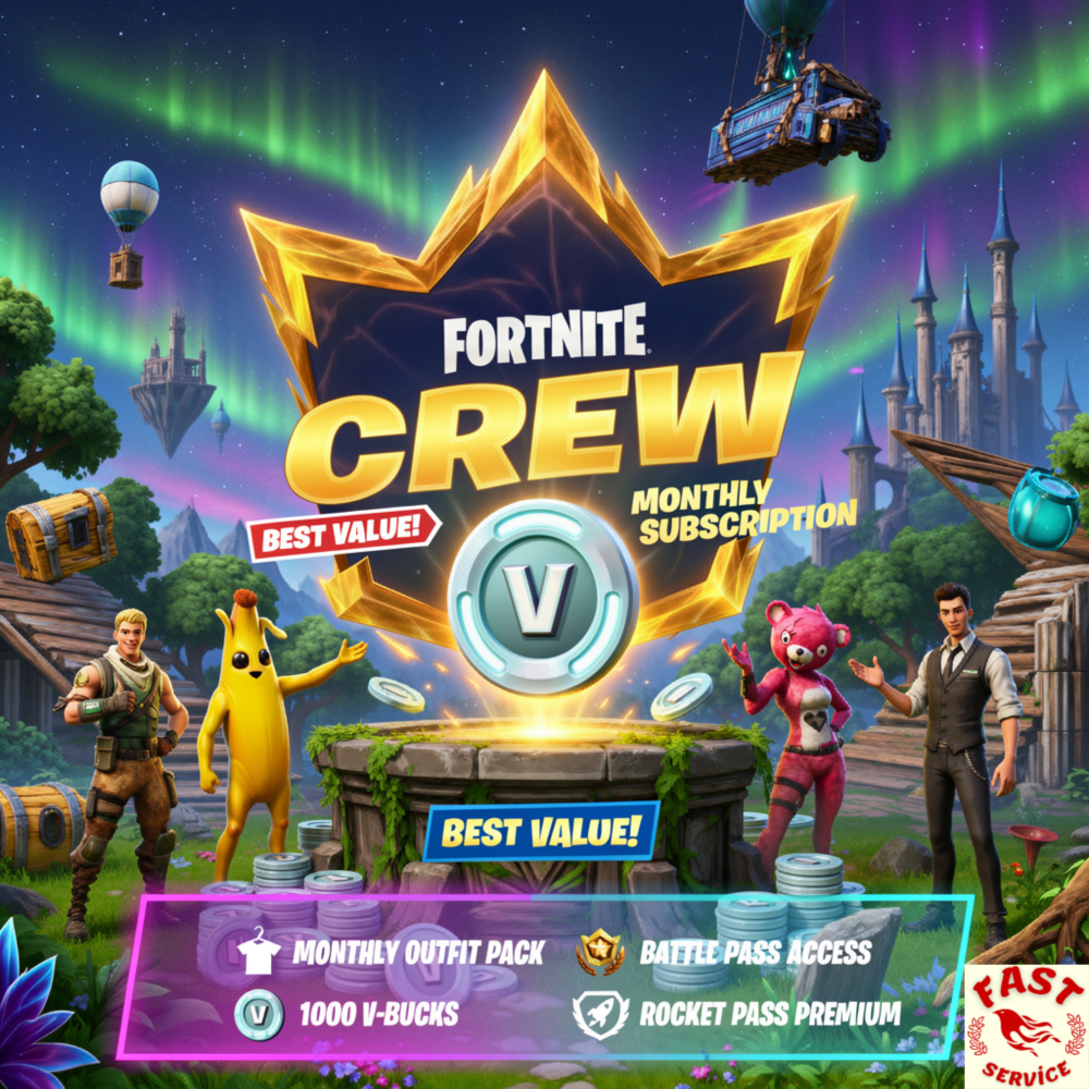 Fortnite Crew на 1 месяц + боевой пропуск + 1000 В-бакс