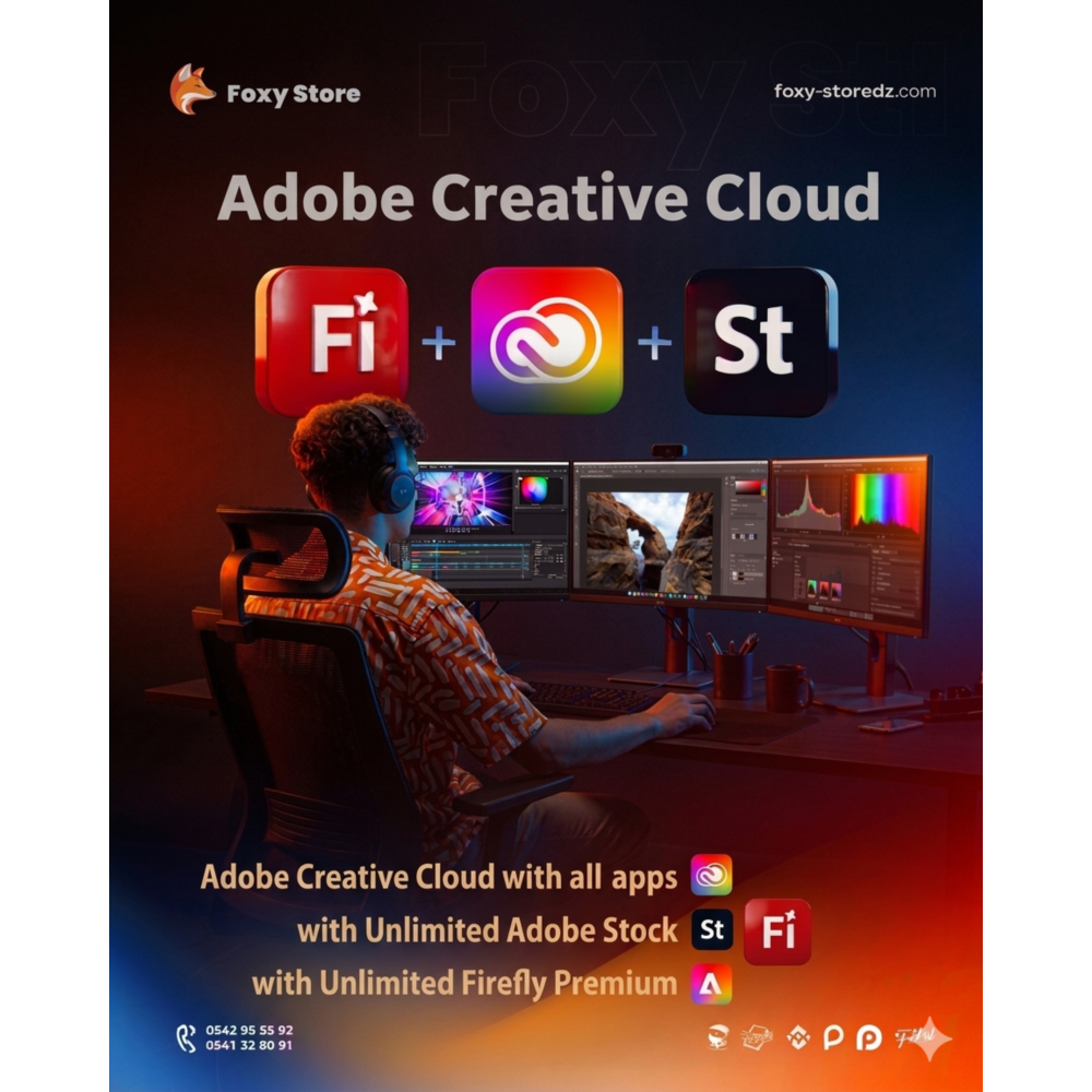 Adobe Creative Cloud All Apps + Unlimited Adobe Stock + Firefly Premium.