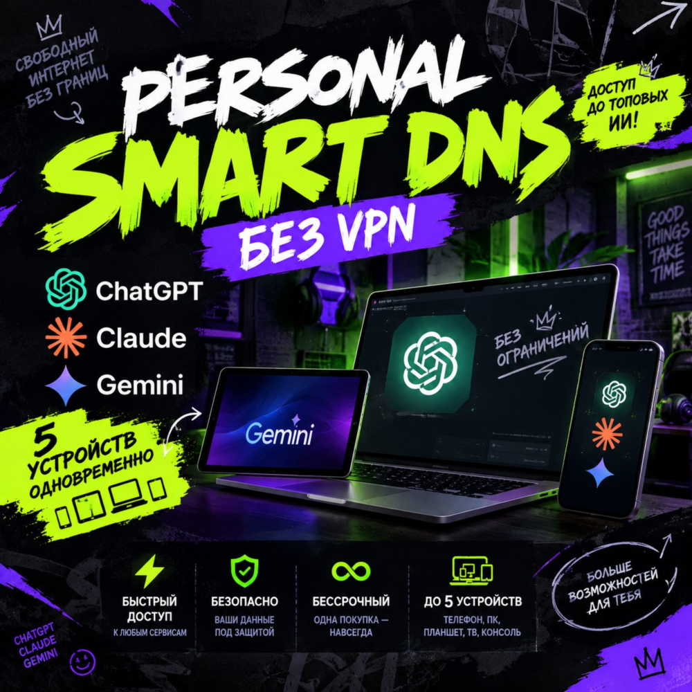 Персональный Smart DNS Бессрочный доступ | 5 устройств | Gemini Xbox Claude GPT